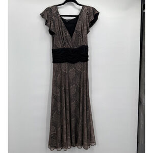 Maria Bianca Nero Dress Womens Medium Leaf Print Ruched Waist Mesh Layered